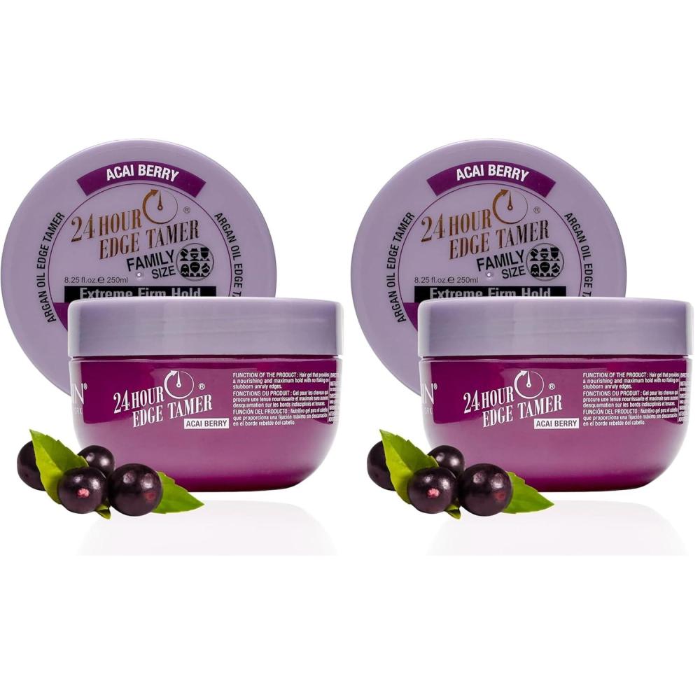 image24 Hour Argan Oil Edge Tamer Refresh 825oz 250ml Acai Berry  Extreme Firm Hold Smooths ampamp Tames Frizz  No Flaking or Drying  High Shine Long Lasting All Hair Types Styling Gel825 Fl Oz Pack of 2