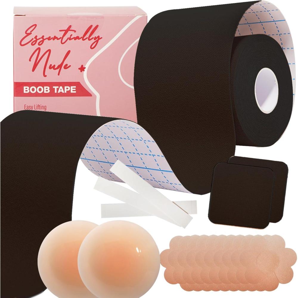 imageEssentially Nude Boob Tape Complete Kit  Seamless Boob tape for Breast Lift Push up and Shape Sweat Resistant Reusable BraBlack