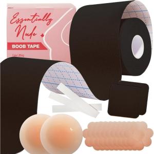 Essentially Nude Boob Tape Complete Kit – Seamless Boob tape for Breast Lift, Push up and Shape, Sweat Resistant Reusable Bra(Black)