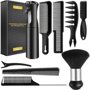 DUAIU 9 pièces Peignes à cheveux Peignes professionnels pour coiffeurs Peignes de coupe avec vaporisateur pour spray capillaire Brosse à poussière Peigne texturé Peigne effilé Outils de coiffure