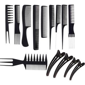 JZK 10x Professionnel Salon Ensemble de peigne Antistatique Cheveux Coiffant Peignes de coiffure + 4x Pinces à cheveux pour Styliste de salon Coiffeur, Noir