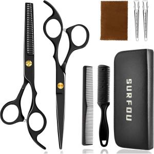 SURFOU Kit Ciseaux Coiffure Professionnel, 6,5 Pouces Ciseaux Desepaississant, Ciseaux Cheveux – En acier inoxydable, Ensemble de 9 pièces avec peigne, Pour usage domestique/salon, Noir