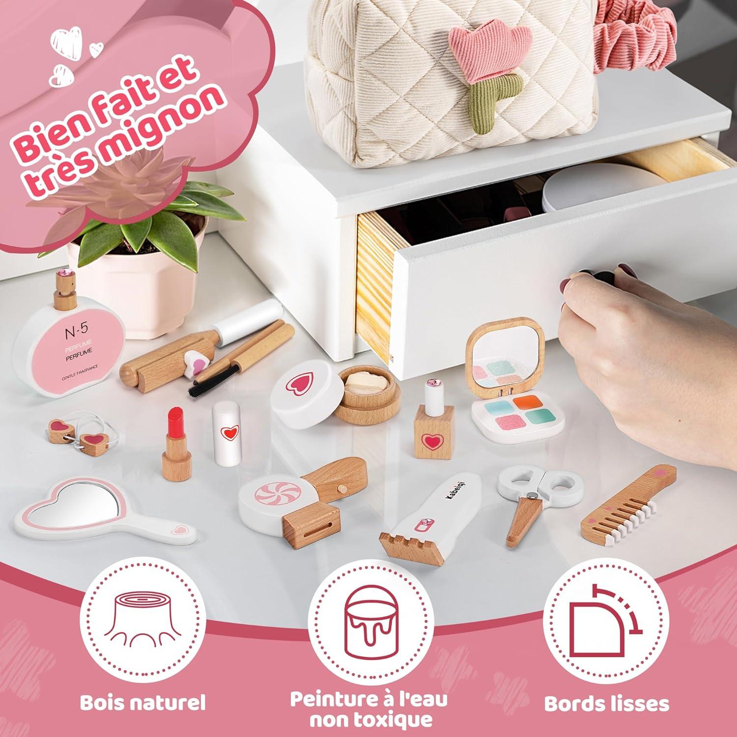 imageCoffret de Maquillage 16 Pices pour Filles Set de Maquillage et Coiffure en Bois pour Enfants Jouet pour Jeux de Rle Cadeau
