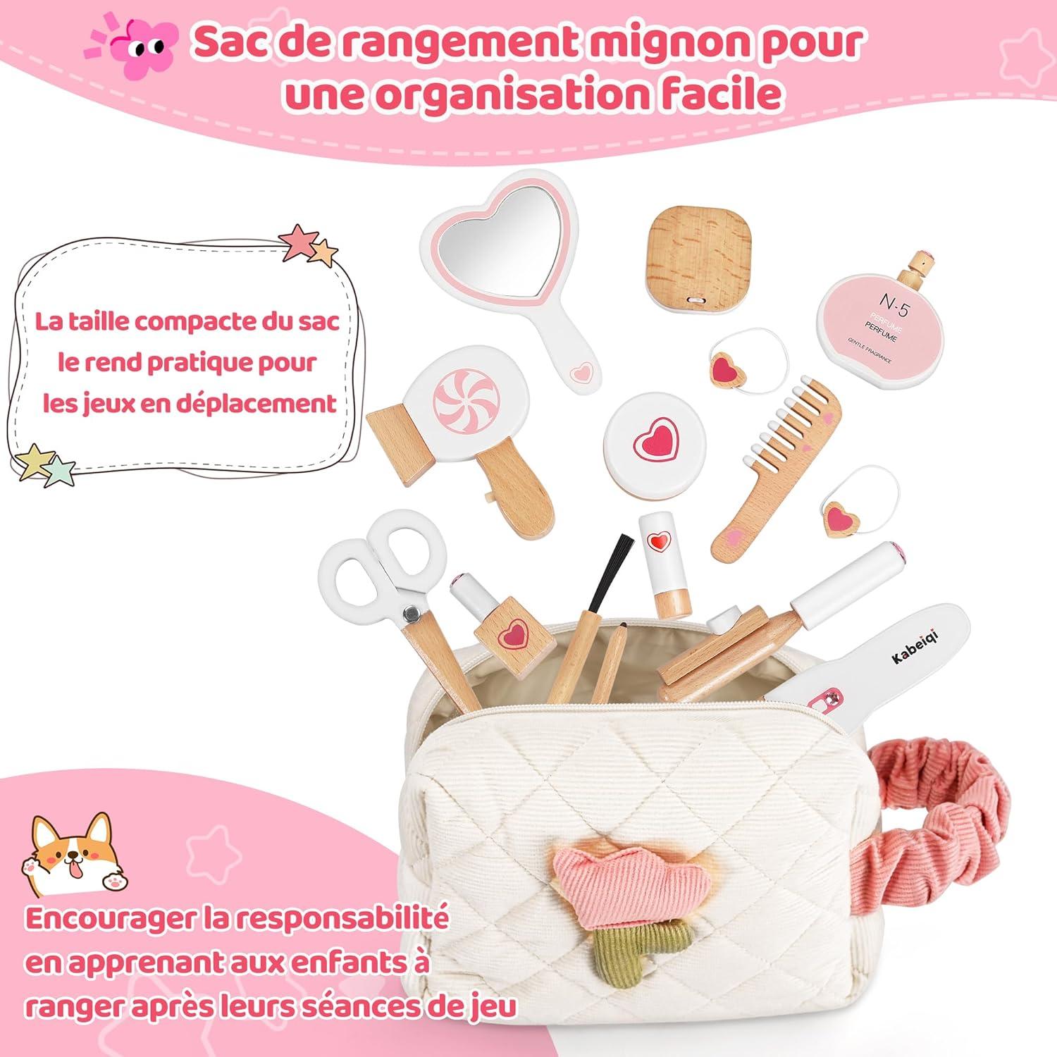 imageCoffret de Maquillage 16 Pices pour Filles Set de Maquillage et Coiffure en Bois pour Enfants Jouet pour Jeux de Rle Cadeau