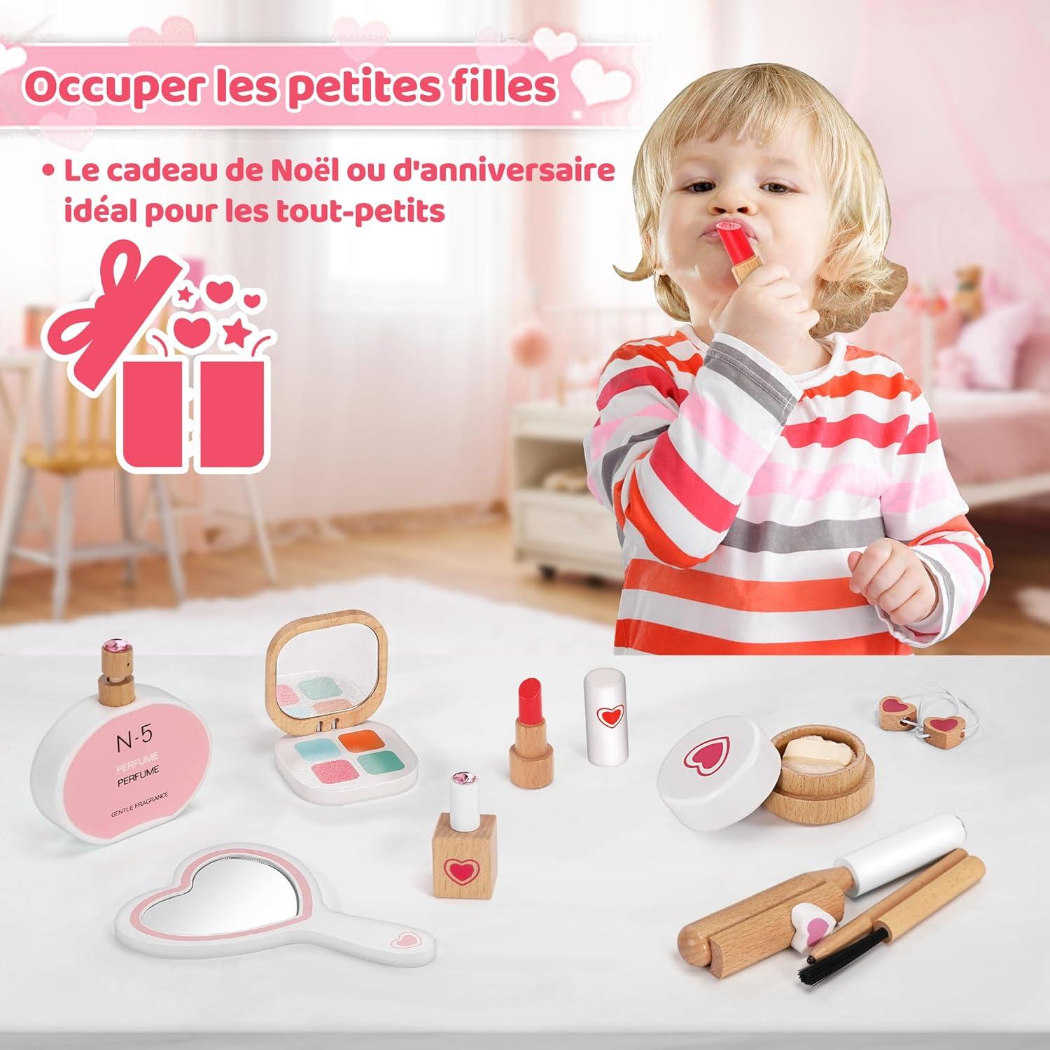 imageCoffret de Maquillage 16 Pices pour Filles Set de Maquillage et Coiffure en Bois pour Enfants Jouet pour Jeux de Rle Cadeau
