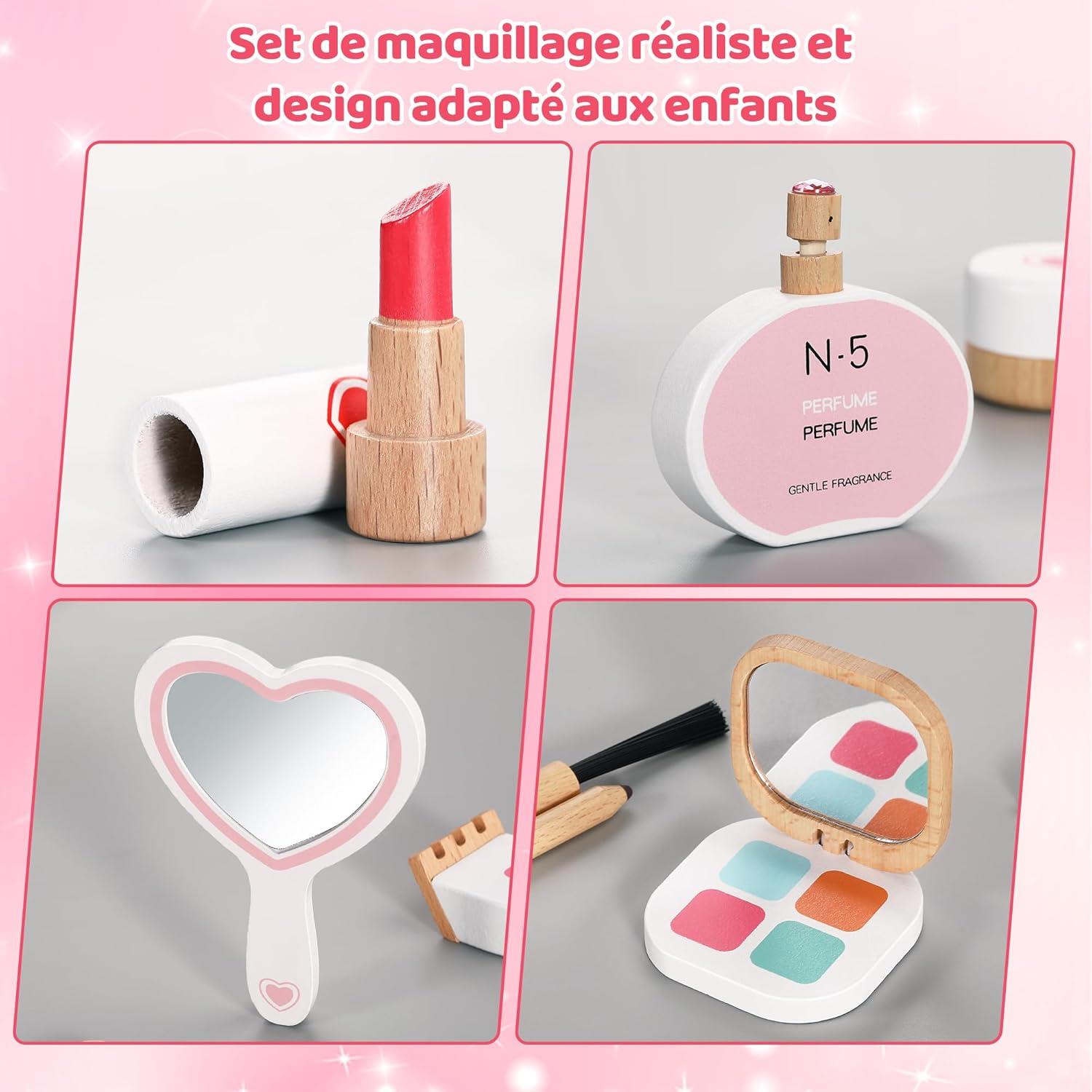 imageCoffret de Maquillage 16 Pices pour Filles Set de Maquillage et Coiffure en Bois pour Enfants Jouet pour Jeux de Rle Cadeau