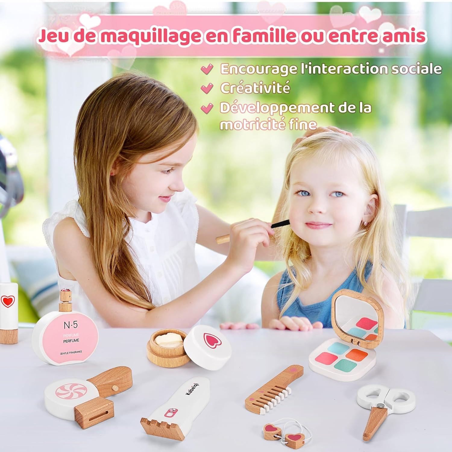 imageCoffret de Maquillage 16 Pices pour Filles Set de Maquillage et Coiffure en Bois pour Enfants Jouet pour Jeux de Rle Cadeau