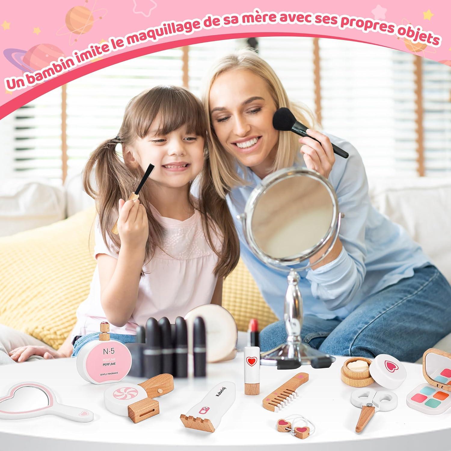 imageCoffret de Maquillage 16 Pices pour Filles Set de Maquillage et Coiffure en Bois pour Enfants Jouet pour Jeux de Rle Cadeau