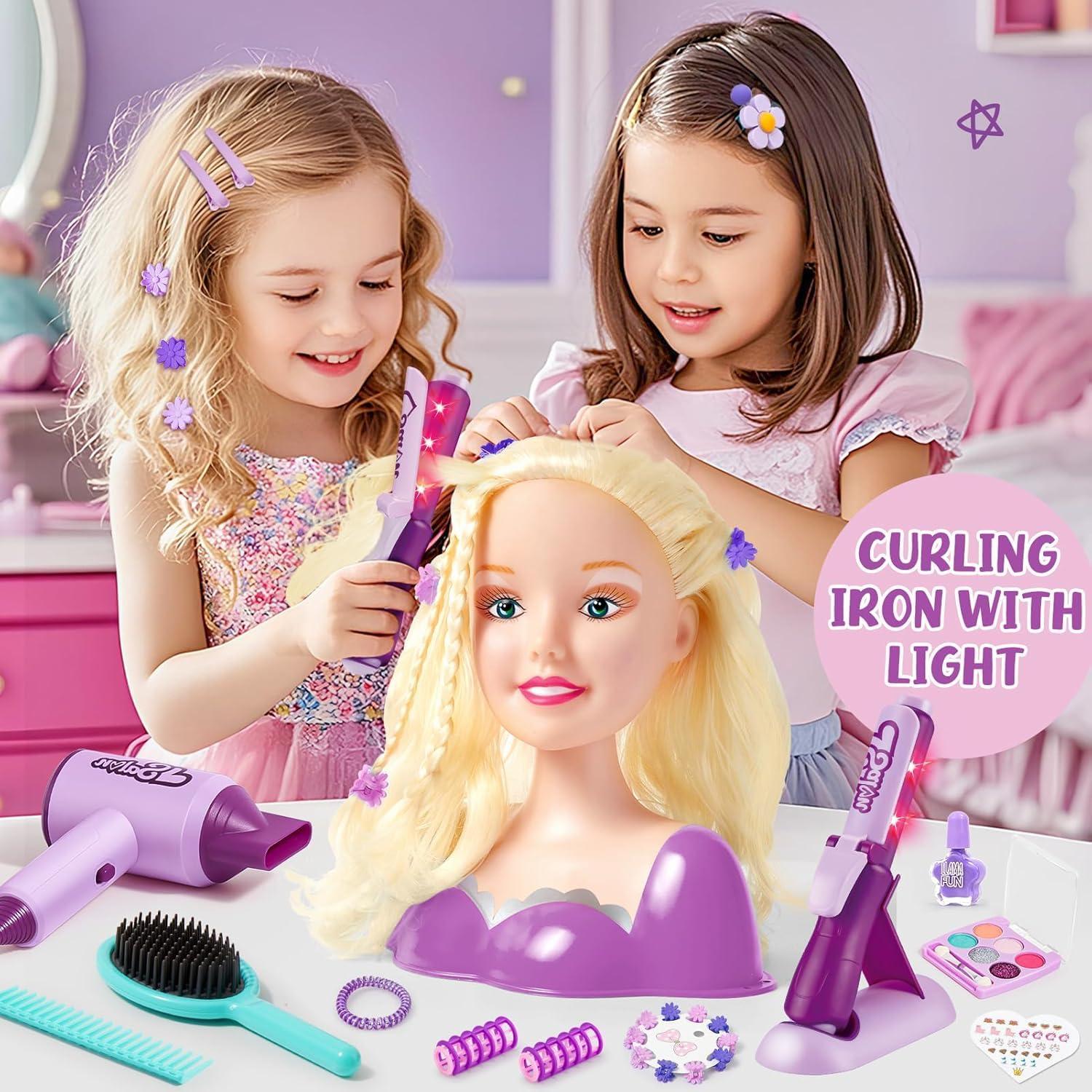 imageEnsemble Coiffure pour Enfants Fille Jouet Coiffure Sche Cheveux Fer Friser Tete a Coiffer Poupe de Maquiller Accessoires Coiffure de Salon Kit Jeu de Role Cadeaux Filles de 3 4 5 6 Ans