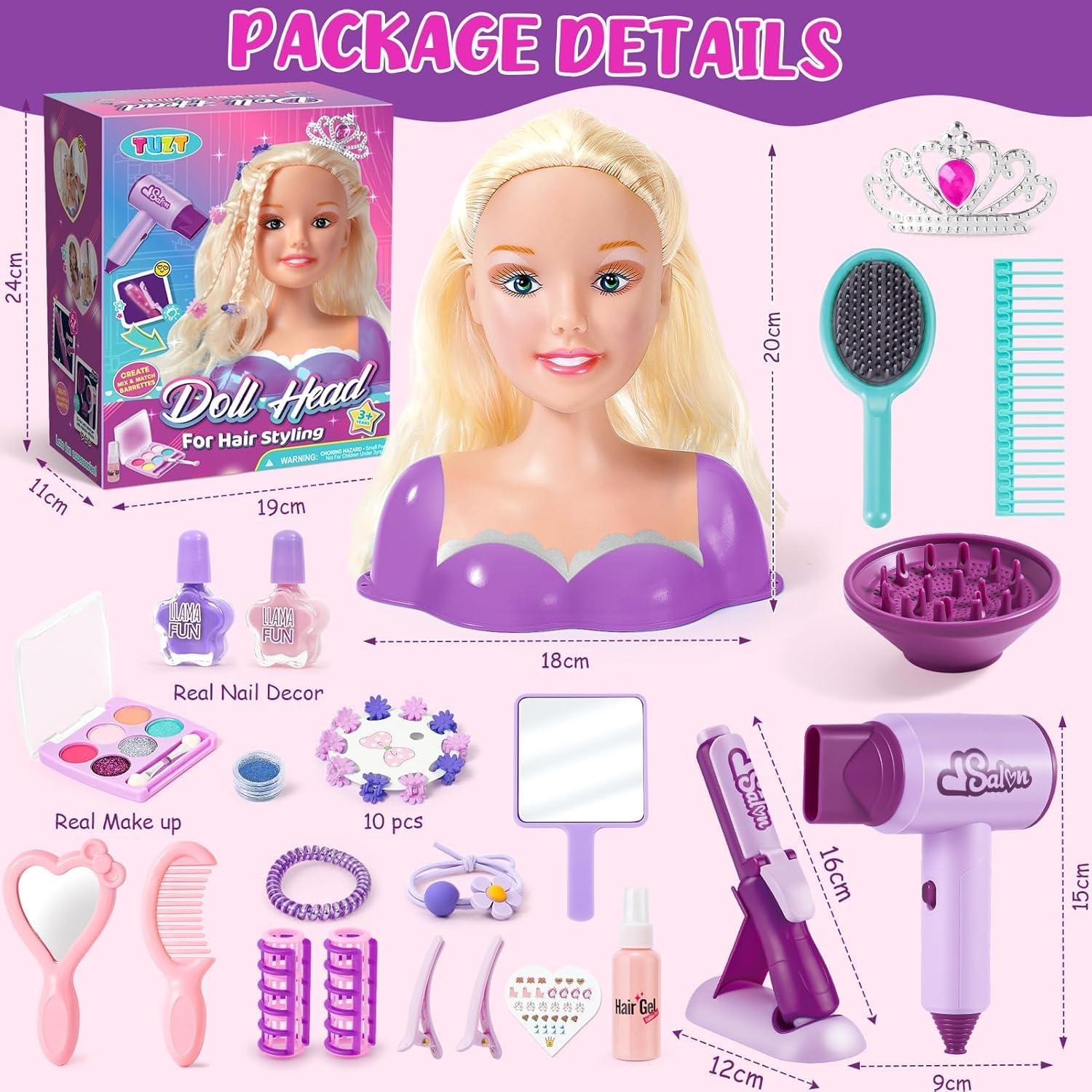 imageEnsemble Coiffure pour Enfants Fille Jouet Coiffure Sche Cheveux Fer Friser Tete a Coiffer Poupe de Maquiller Accessoires Coiffure de Salon Kit Jeu de Role Cadeaux Filles de 3 4 5 6 Ans