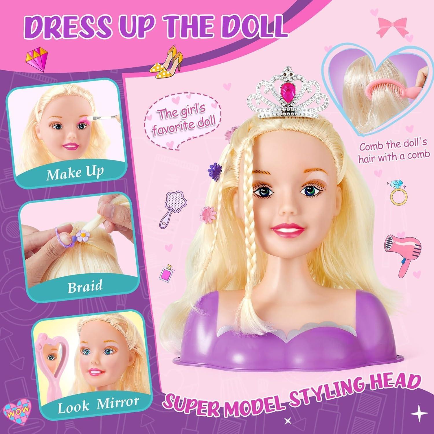 imageEnsemble Coiffure pour Enfants Fille Jouet Coiffure Sche Cheveux Fer Friser Tete a Coiffer Poupe de Maquiller Accessoires Coiffure de Salon Kit Jeu de Role Cadeaux Filles de 3 4 5 6 Ans