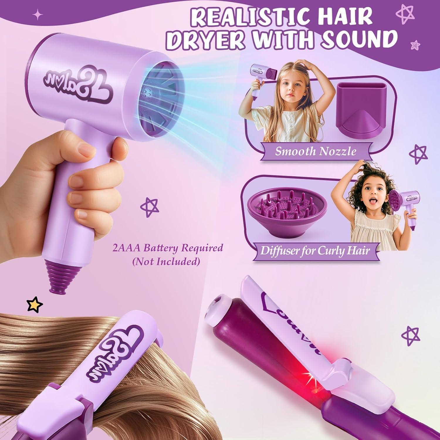 imageEnsemble Coiffure pour Enfants Fille Jouet Coiffure Sche Cheveux Fer Friser Tete a Coiffer Poupe de Maquiller Accessoires Coiffure de Salon Kit Jeu de Role Cadeaux Filles de 3 4 5 6 Ans