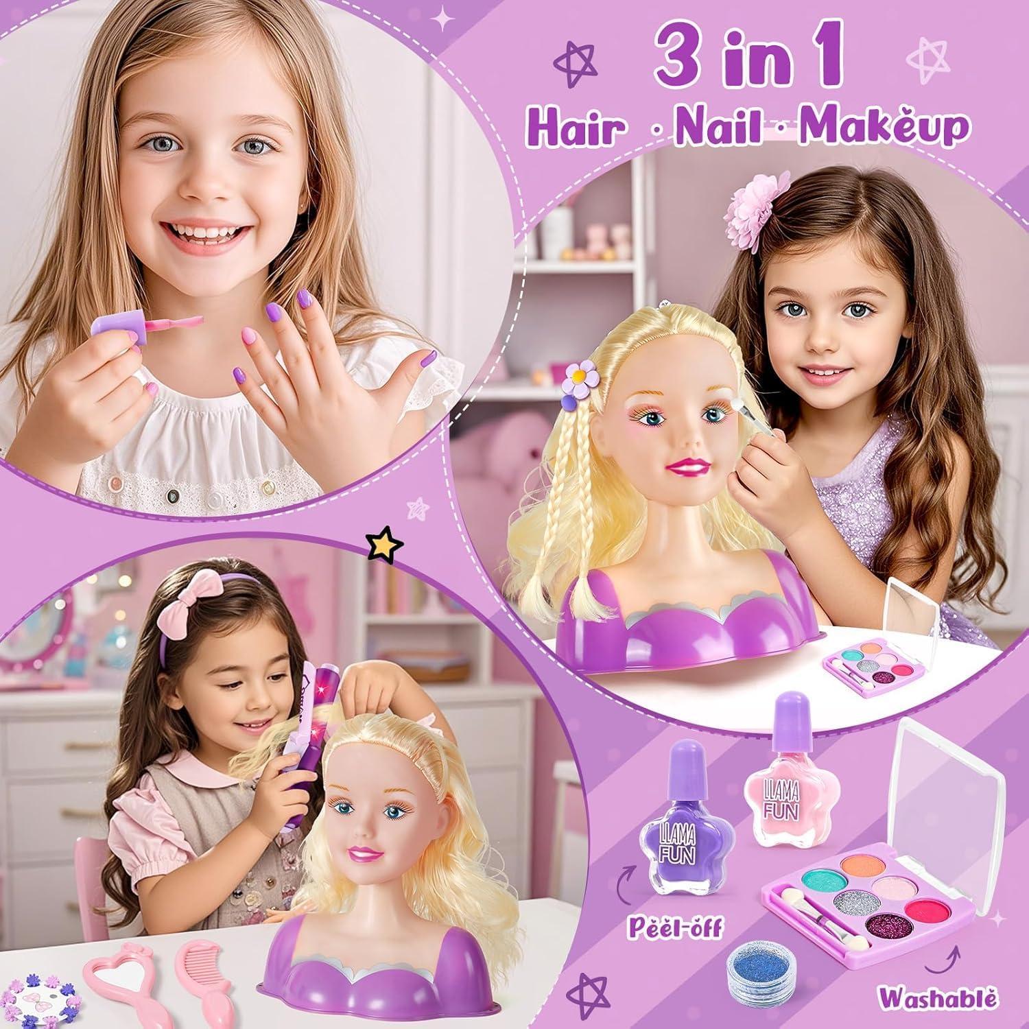 imageEnsemble Coiffure pour Enfants Fille Jouet Coiffure Sche Cheveux Fer Friser Tete a Coiffer Poupe de Maquiller Accessoires Coiffure de Salon Kit Jeu de Role Cadeaux Filles de 3 4 5 6 Ans