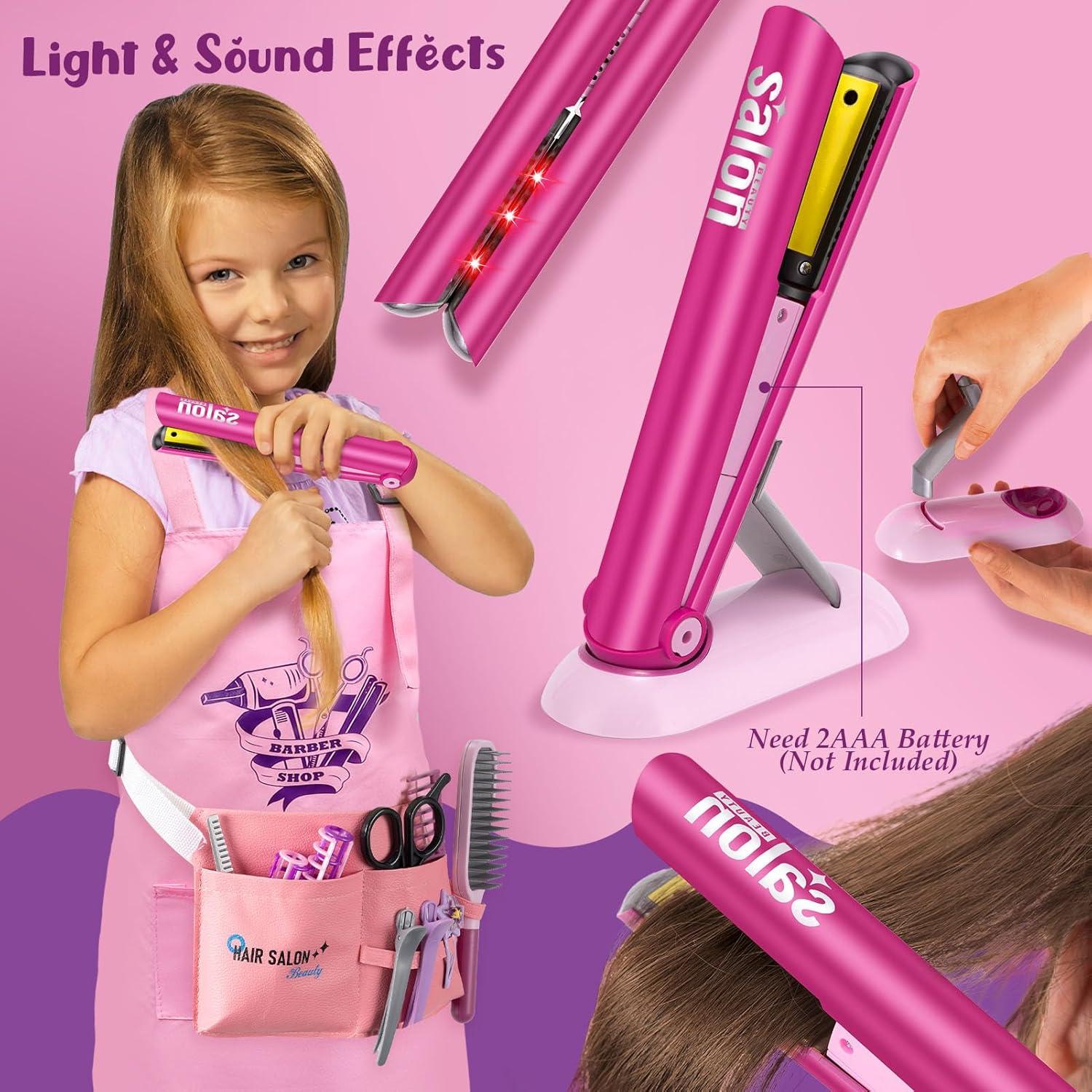 imageGC Kit Coiffure Enfant Fille Jouet avec ScheCheveux Lisseur Miroir Peigne Ciseaux Tablier Coiffeur Malette Accessoires de Coiffure Salon de Beaut Jeu de Role Cadeau pour Fille 3 4 5 6 7 Ans