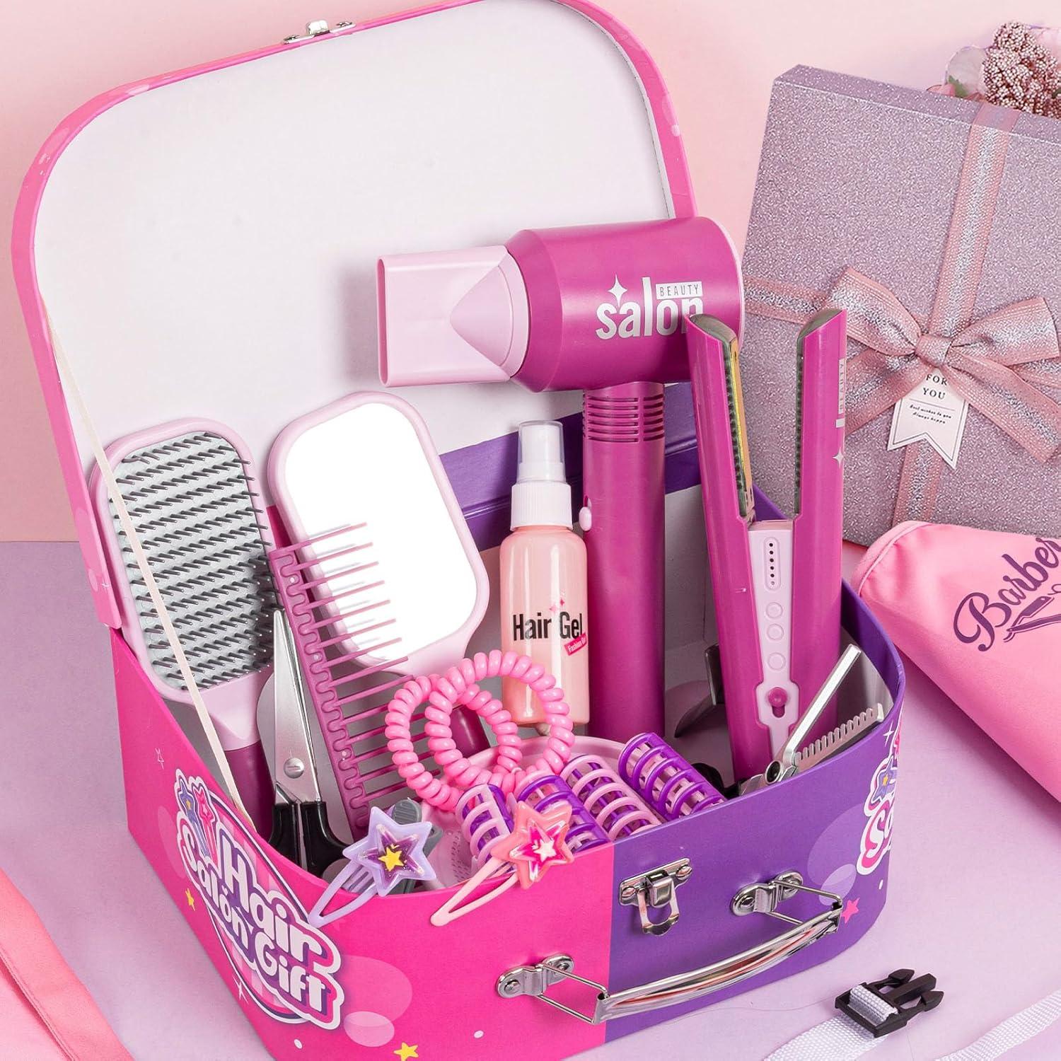 imageGC Kit Coiffure Enfant Fille Jouet avec ScheCheveux Lisseur Miroir Peigne Ciseaux Tablier Coiffeur Malette Accessoires de Coiffure Salon de Beaut Jeu de Role Cadeau pour Fille 3 4 5 6 7 Ans