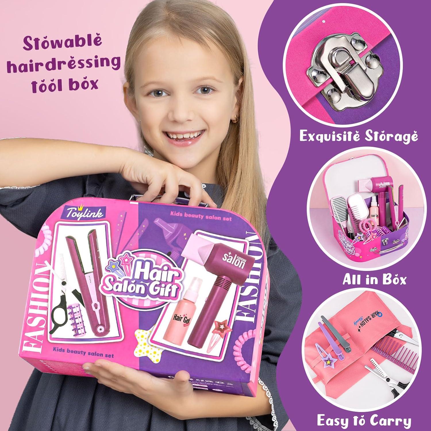 imageGC Kit Coiffure Enfant Fille Jouet avec ScheCheveux Lisseur Miroir Peigne Ciseaux Tablier Coiffeur Malette Accessoires de Coiffure Salon de Beaut Jeu de Role Cadeau pour Fille 3 4 5 6 7 Ans