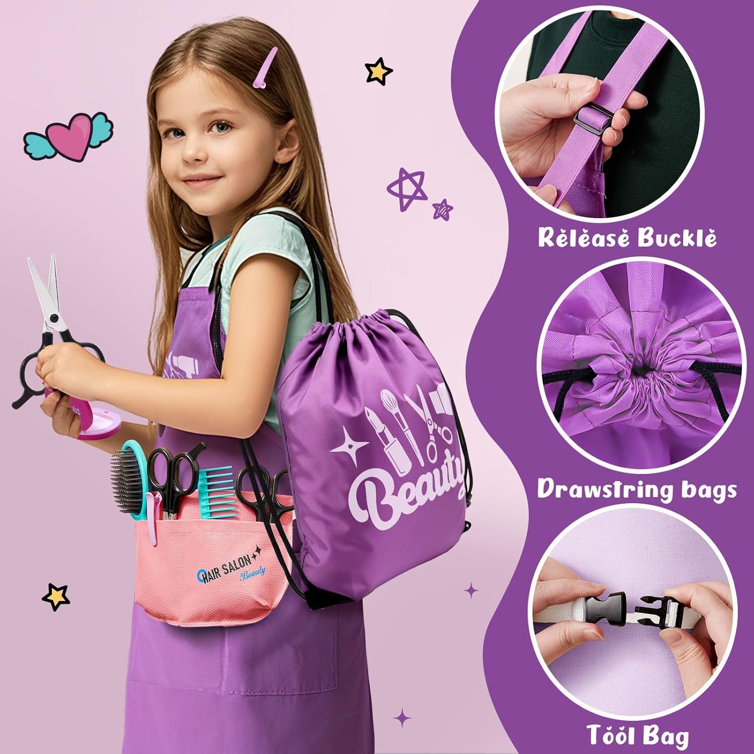 imageGC Set Coiffure Enfant Jouet Fille 3 4 5 6 7 Ans Kit Coiffure avec Sche Cheveux Lisseur Miroir Sac Cordon Ciseaux Tablier Accessoires de Coiffure Kit Coiffure Maquillage Jouet Cadeau Nol Fille