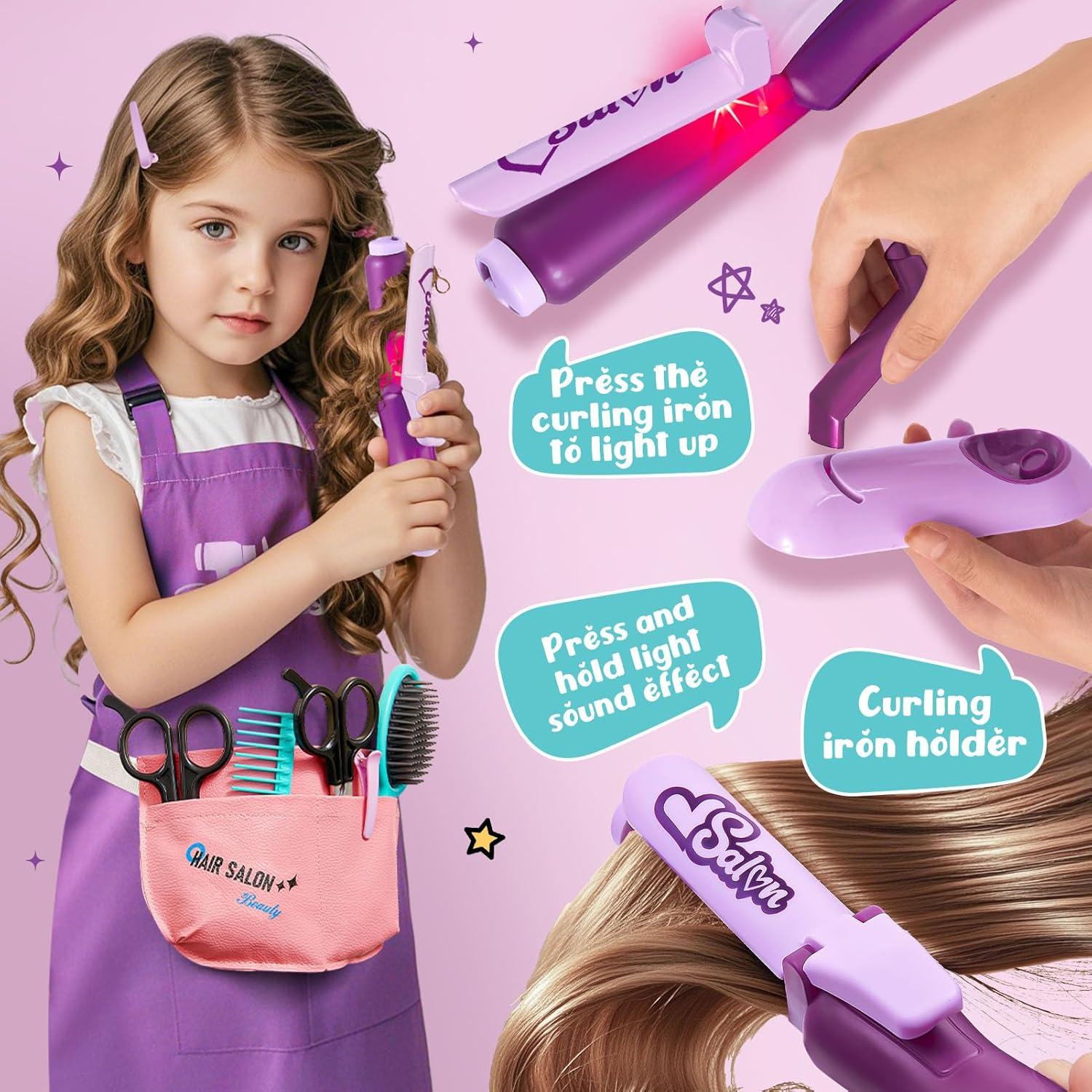 imageGC Set Coiffure Enfant Jouet Fille 3 4 5 6 7 Ans Kit Coiffure avec Sche Cheveux Lisseur Miroir Sac Cordon Ciseaux Tablier Accessoires de Coiffure Kit Coiffure Maquillage Jouet Cadeau Nol Fille