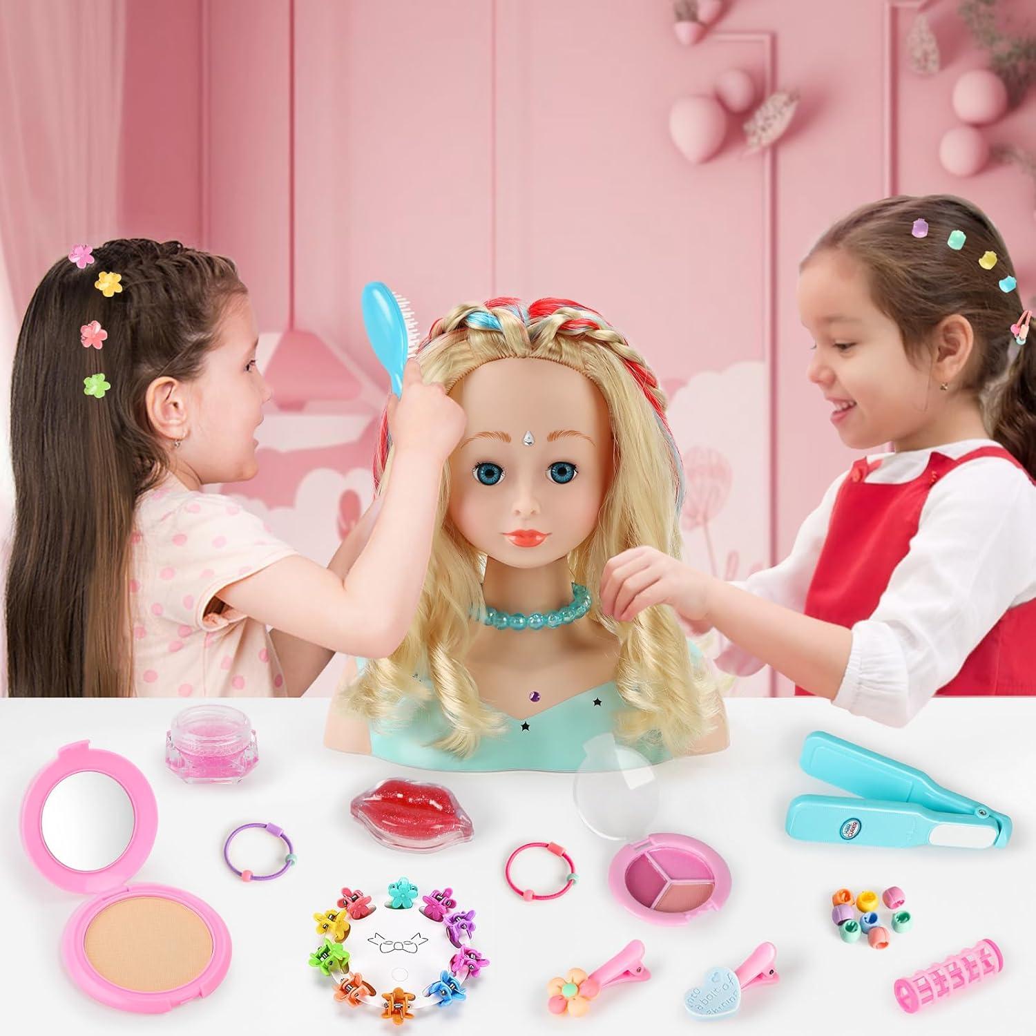 imageTtes Coiffer Enfant 58 Pices Tte de Poupe de Maquillage pour Fille Jouet de Maquiller et de Coiffure Cadeau pour Anniversaire Nol pour Partir de 3 Ans RoseBleu