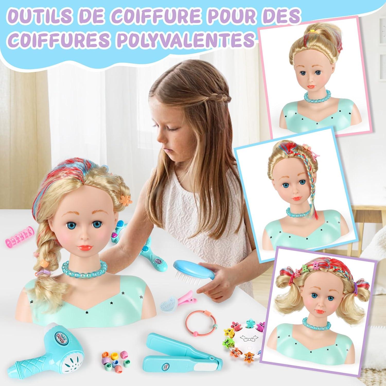 imageTtes Coiffer Enfant 58 Pices Tte de Poupe de Maquillage pour Fille Jouet de Maquiller et de Coiffure Cadeau pour Anniversaire Nol pour Partir de 3 Ans RoseBleu