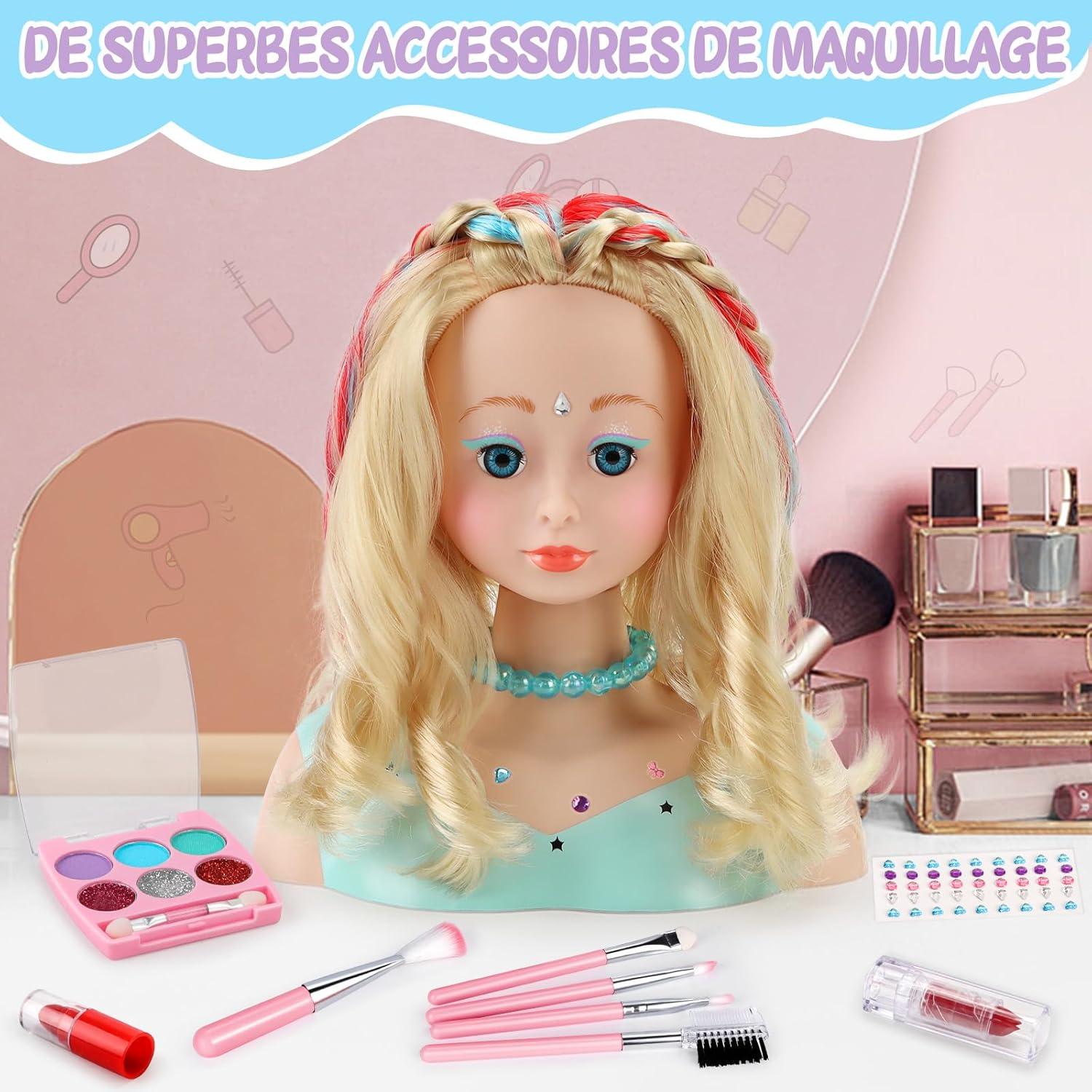 imageTtes Coiffer Enfant 58 Pices Tte de Poupe de Maquillage pour Fille Jouet de Maquiller et de Coiffure Cadeau pour Anniversaire Nol pour Partir de 3 Ans RoseBleu