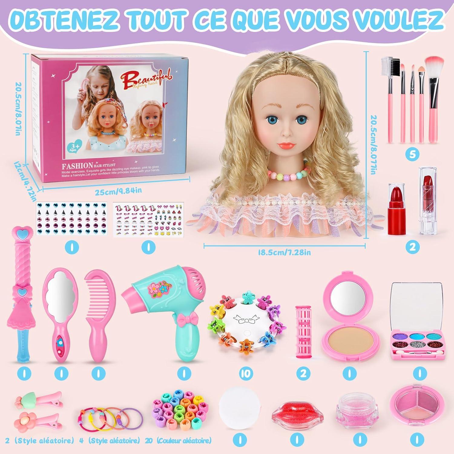 imageTtes Coiffer Enfant 58 Pices Tte de Poupe de Maquillage pour Fille Jouet de Maquiller et de Coiffure Cadeau pour Anniversaire Nol pour Partir de 3 Ans RoseRose