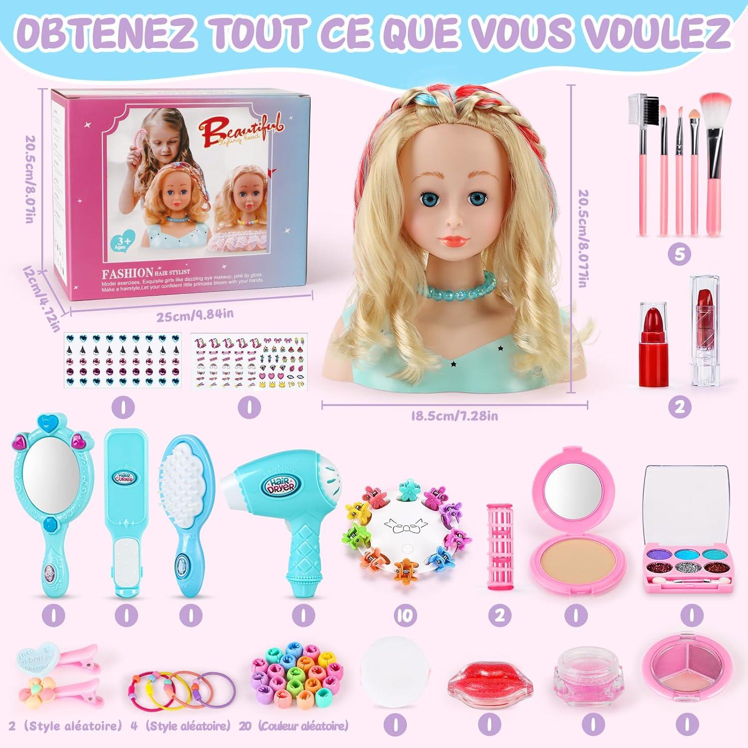 imageTtes Coiffer Enfant 58 Pices Tte de Poupe de Maquillage pour Fille Jouet de Maquiller et de Coiffure Cadeau pour Anniversaire Nol pour Partir de 3 Ans RoseBleu