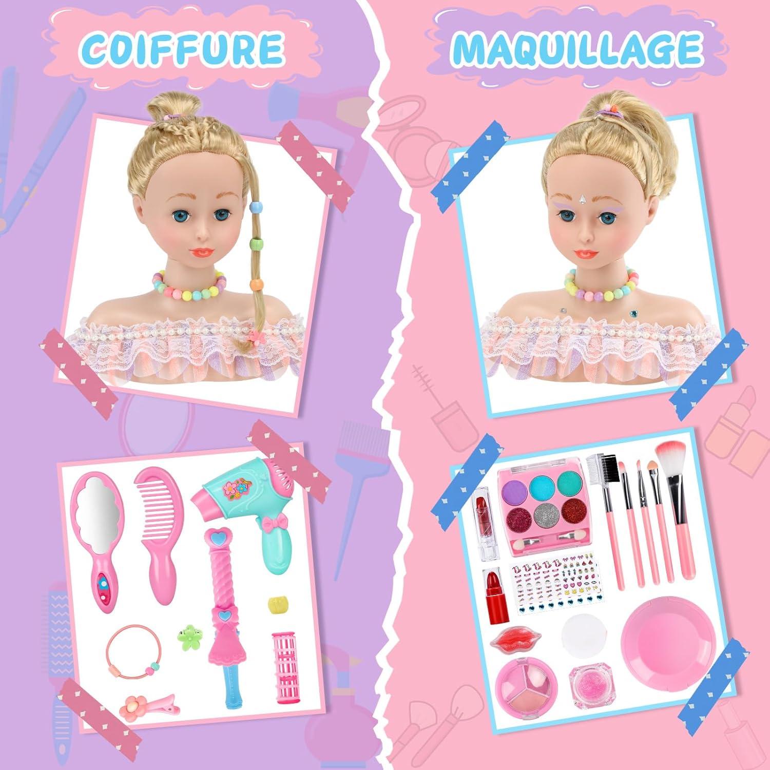 imageTtes Coiffer Enfant 58 Pices Tte de Poupe de Maquillage pour Fille Jouet de Maquiller et de Coiffure Cadeau pour Anniversaire Nol pour Partir de 3 Ans RoseRose
