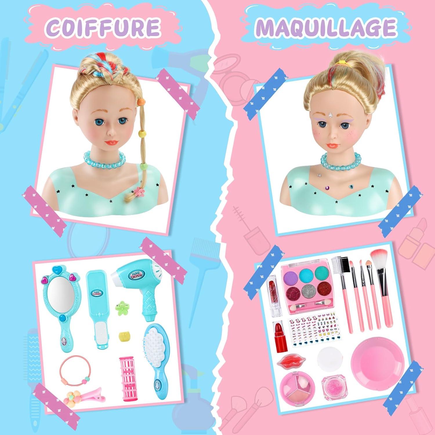 imageTtes Coiffer Enfant 58 Pices Tte de Poupe de Maquillage pour Fille Jouet de Maquiller et de Coiffure Cadeau pour Anniversaire Nol pour Partir de 3 Ans RoseBleu