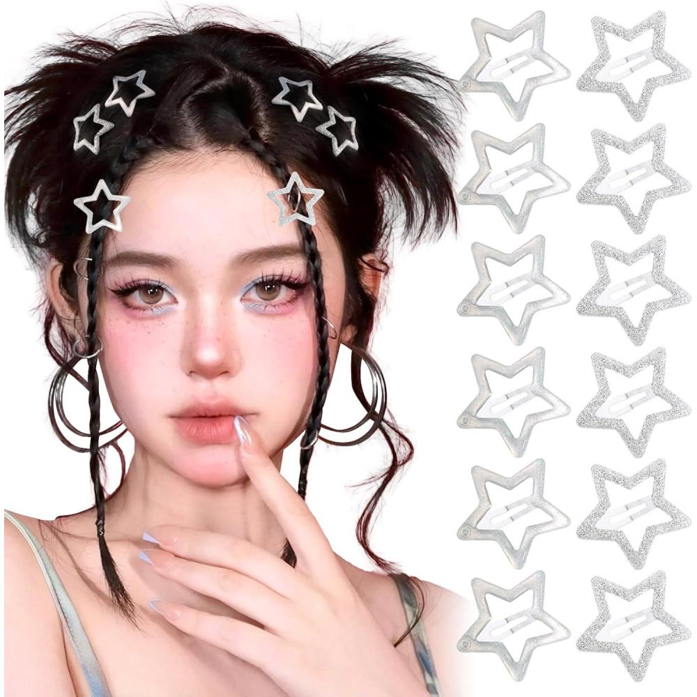 image10pcs Barrettes Etoile Lumineux Dans la Nuit Pinces cheveux  Pression Y2k Multicolore Etoiles en Mtal Argente AntiDrapant pour Coiffure Femme FilleArgent avec paillettes 12pcs
