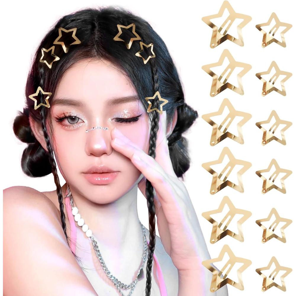 image10pcs Barrettes Etoile Lumineux Dans la Nuit Pinces cheveux Pression Y2k Multicolore Etoiles en Mtal Argente AntiDrapant pour Coiffure Femme FilleDor 12pcs