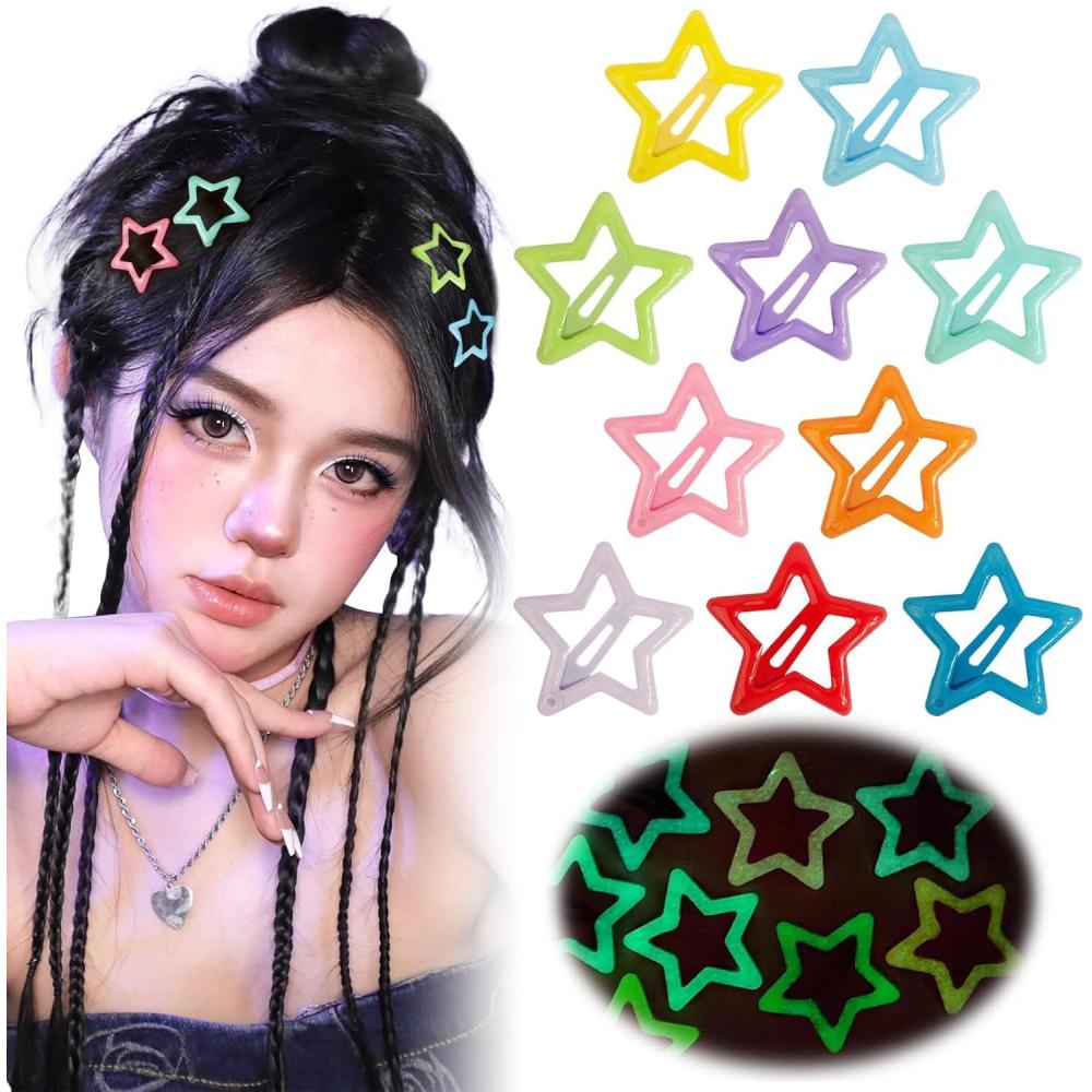 image10pcs Barrettes Etoile Lumineux Dans la Nuit Pinces cheveux  Pression Y2k Multicolore Etoiles en Mtal Argente AntiDrapant pour Coiffure Femme FilleMulticolore Lumineux 10pcs