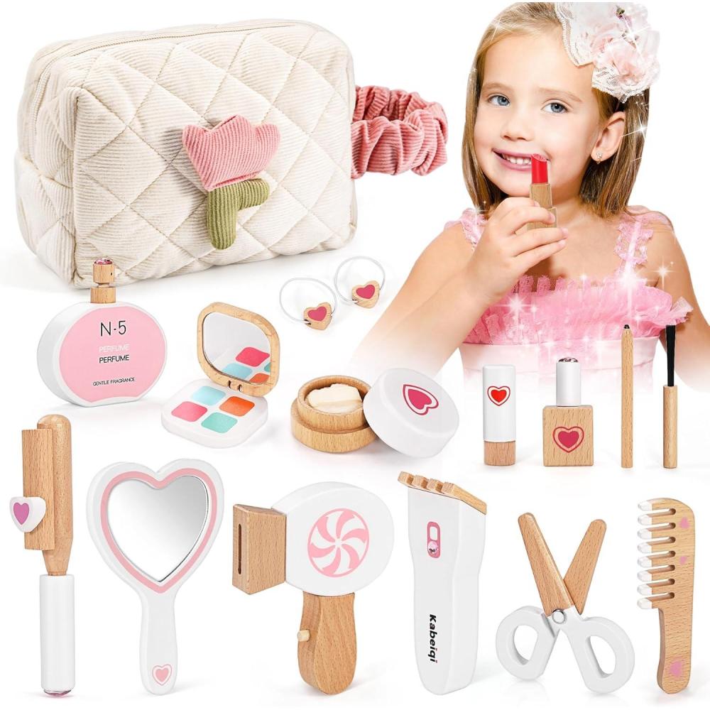 imageCoffret de Maquillage 16 Pices pour Filles Set de Maquillage et Coiffure en Bois pour Enfants Jouet pour Jeux de Rle Cadeau