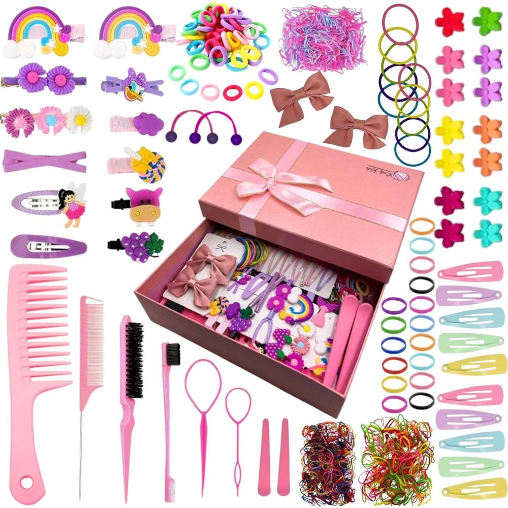 imageCoifKids Elastiques Cheveux fille Barrettes Coiffure Petite Fille Accessoires de Coiffure pour Cheveux Bb Pince Chouchou et Peigne Enfant Coffret Cadeaux