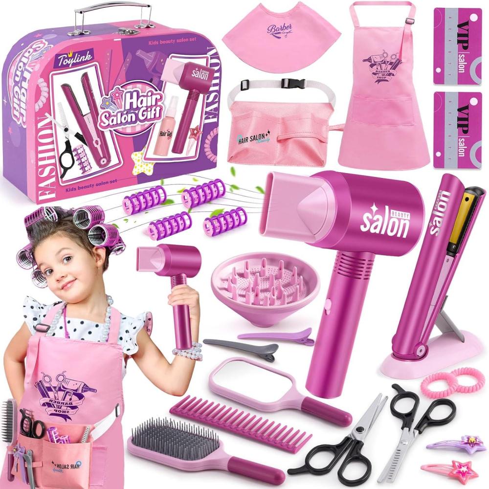 imageGC Kit Coiffure Enfant Fille Jouet avec ScheCheveux Lisseur Miroir Peigne Ciseaux Tablier Coiffeur Malette Accessoires de Coiffure Salon de Beaut Jeu de Role Cadeau pour Fille 3 4 5 6 7 Ans