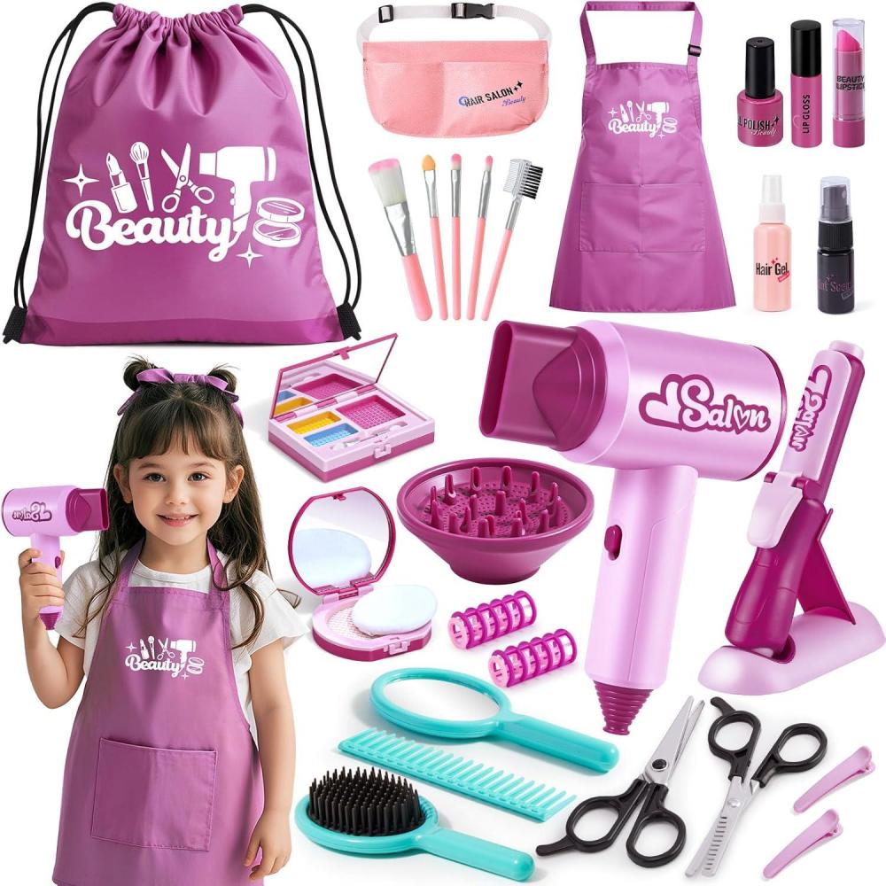 imageGC Set Coiffure Enfant Jouet Fille 3 4 5 6 7 Ans Kit Coiffure avec Sche Cheveux Lisseur Miroir Sac Cordon Ciseaux Tablier Accessoires de Coiffure Kit Coiffure Maquillage Jouet Cadeau Nol Fille