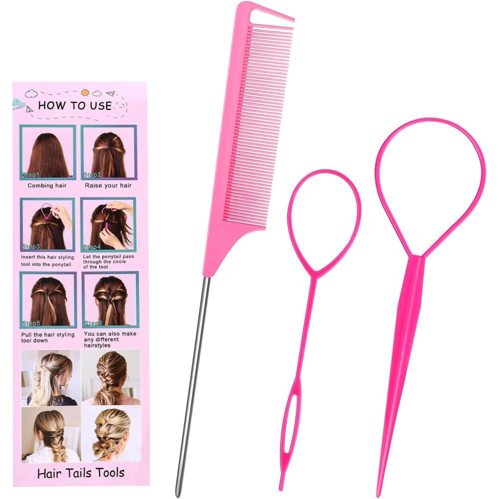 imageLot de 3 Accessoires de Coiffure Outil de Queue de Cheveux Coiffure accessoires Outils Tressage Outil de Coiffure Aides la coiffure pour chignon torsad twist pour Femmes et Filles Rose