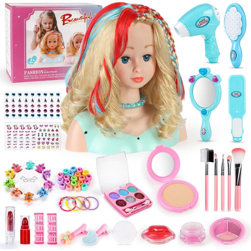 imageTtes Coiffer Enfant 58 Pices Tte de Poupe de Maquillage pour Fille Jouet de Maquiller et de Coiffure Cadeau pour Anniversaire Nol pour Partir de 3 Ans RoseBleu
