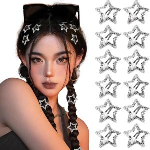 10pcs Barrettes Etoile Lumineux Dans la Nuit Pinces cheveux à Pression Y2k Multicolore Etoiles en Métal Argentée Anti-Dérapant pour Coiffure Femme Fille(Argenté avec paillettes 3cm 12pcs)