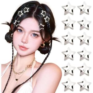 10pcs Barrettes Etoile Lumineux Dans la Nuit Pinces cheveux à Pression Y2k Multicolore Etoiles en Métal Argentée Anti-Dérapant pour Coiffure Femme Fille(Argenté 3cm 12pcs)