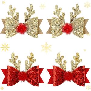 2 paires de pinces à cheveux de Noël Coiffure de Noël en bois de renne épingles à cheveux avec nœud papillon et oreilles en bois de renne, accessoires de coiffure de Noël pour les filles et les femmes