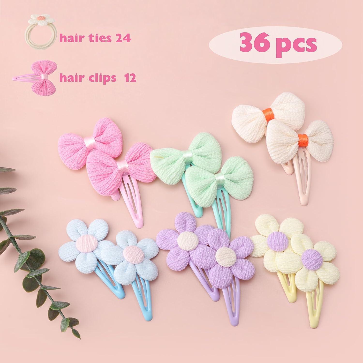 imageDRESHOW Accessoires de Cheveux pour les Filles Doux Sans Couture arcs et Fleurs Mignon Pinces Cheveux Bandeau lastique pour Queue de Cheval pour Toutpetits NourrissonsHair Clip and Hair Tie Set01