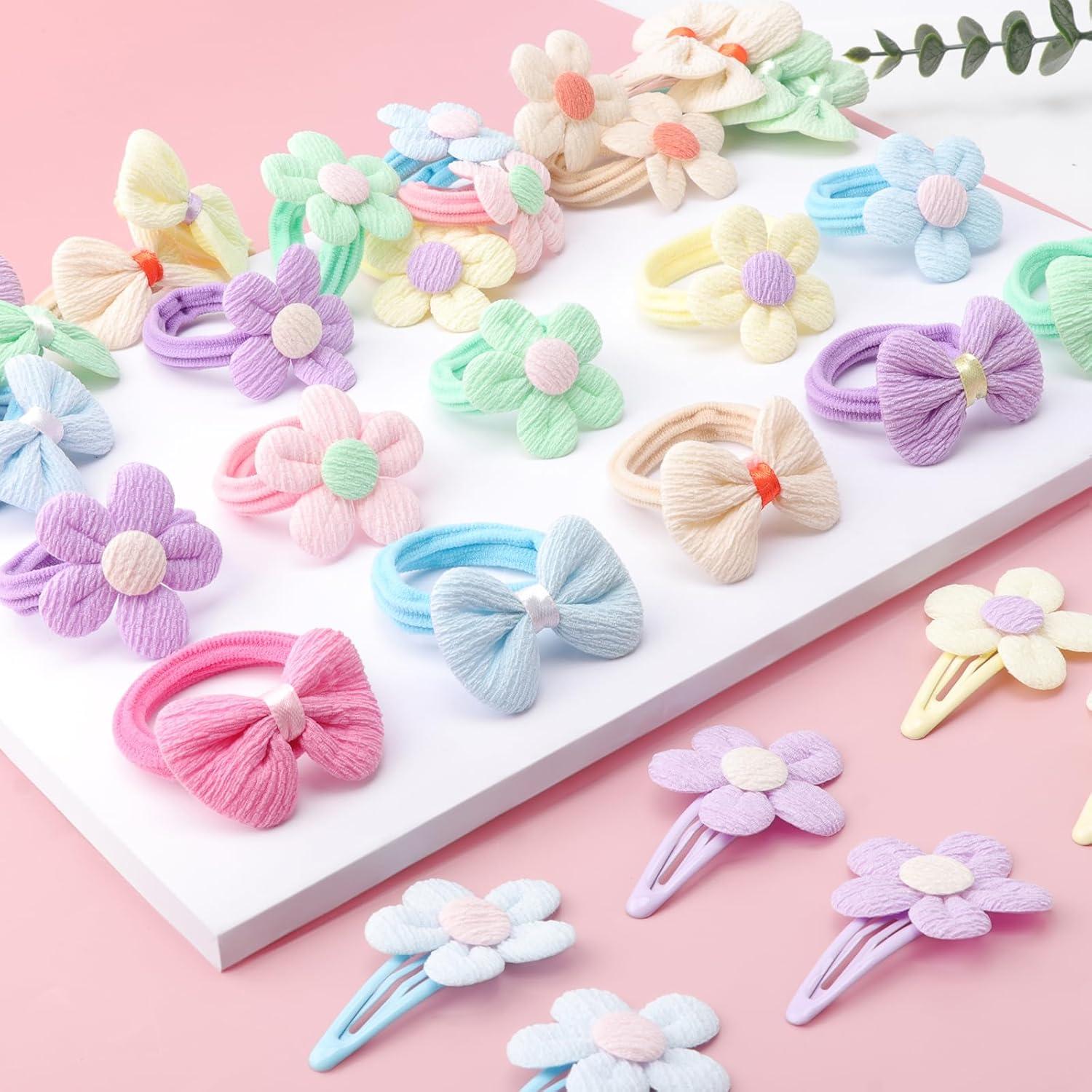 imageDRESHOW Accessoires de Cheveux pour les Filles Doux Sans Couture arcs et Fleurs Mignon Pinces Cheveux Bandeau lastique pour Queue de Cheval pour Toutpetits NourrissonsHair Clip and Hair Tie Set01