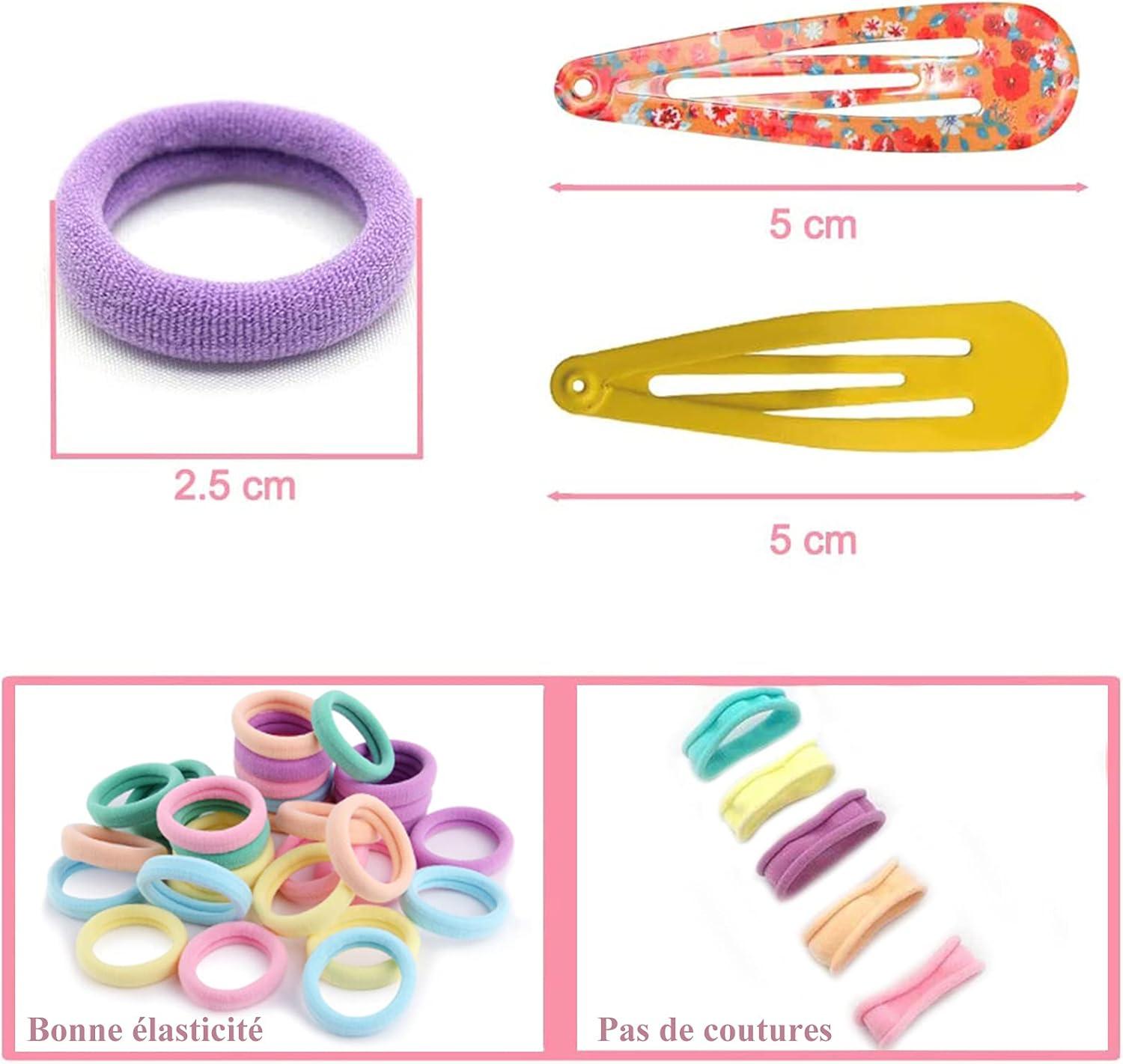 imageVEGCOO 148 Pcs Set Coiffure Enfant Petites Paillettes Pinces Cheveux Cheveux Accessoires avec 40 Pcs Barrettes Cheveux Colores et 100 Pcs Boucle Cheveux Elastique pour BbFillesEnfantsA