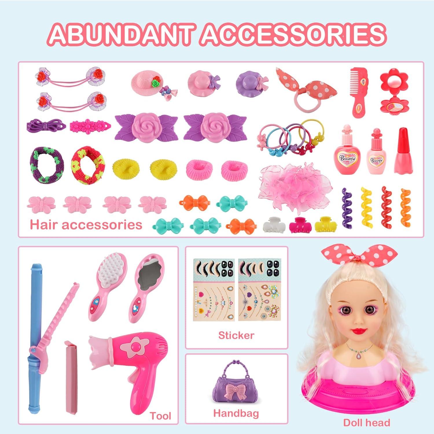 imagedeAO 52 Pices Tte Coiffer Enfant avec Accessoires de Coiffure et Maquillage Poupe Coiffure Jeux dImitation et Apprendre Coiffure Styling Head Kids Jouet Fille pour Ds 3 Ans