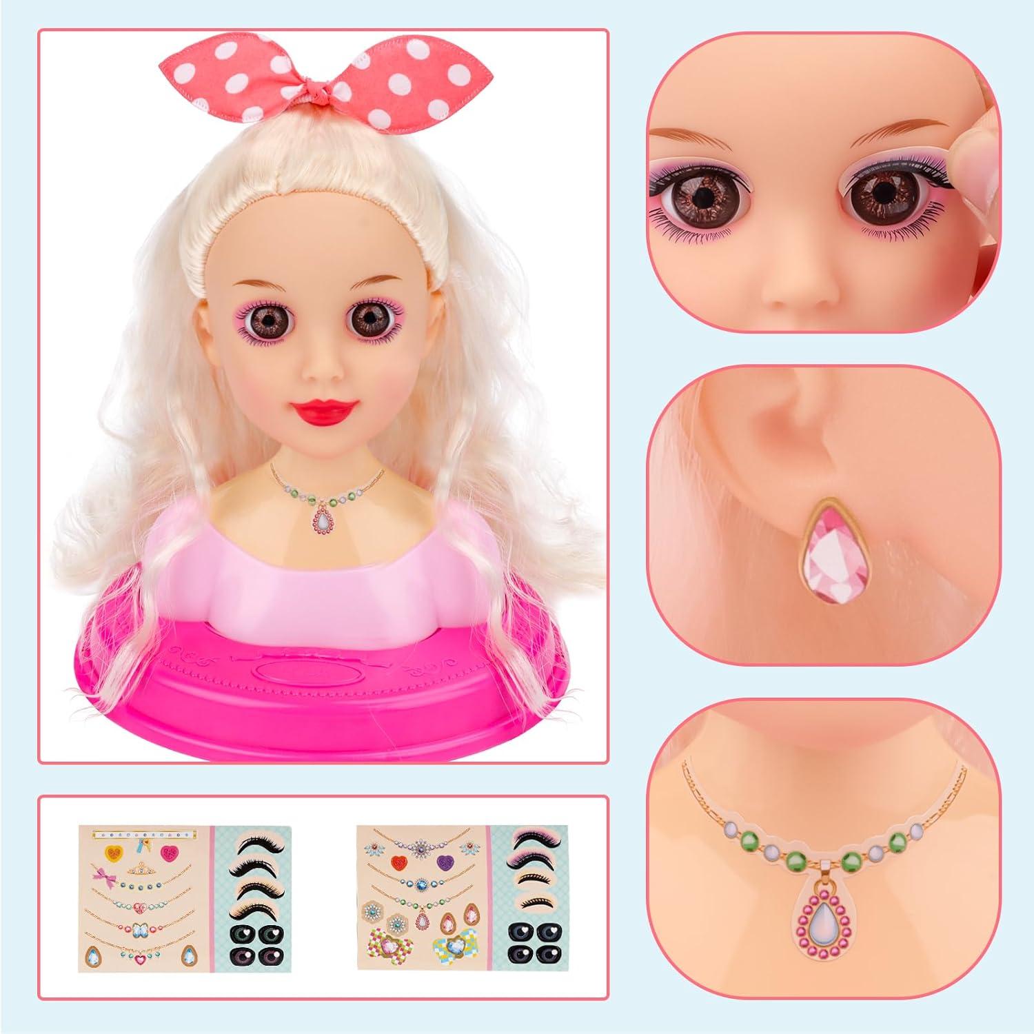 imagedeAO 52 Pices Tte Coiffer Enfant avec Accessoires de Coiffure et Maquillage Poupe Coiffure Jeux dImitation et Apprendre Coiffure Styling Head Kids Jouet Fille pour Ds 3 Ans