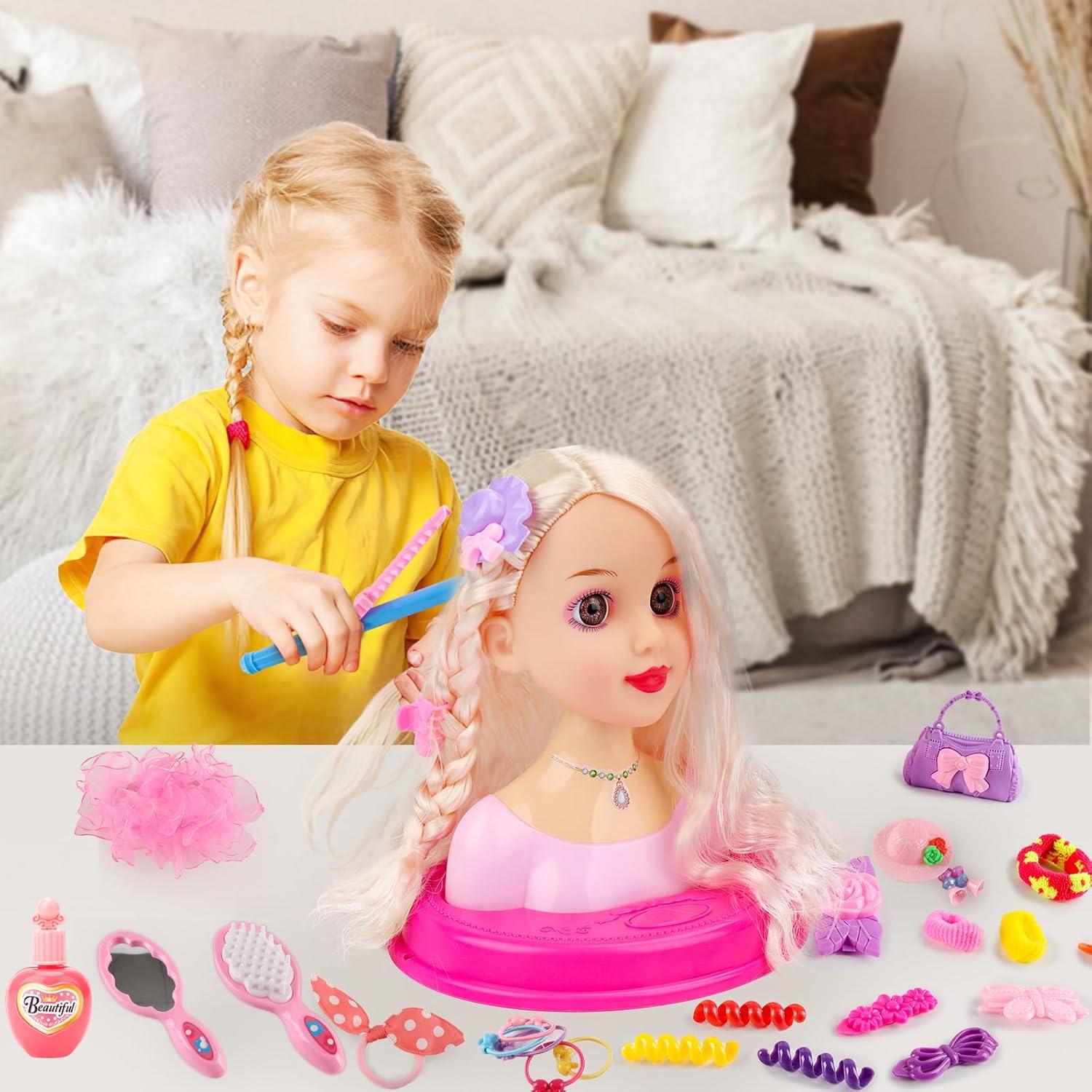 imagedeAO 52 Pices Tte Coiffer Enfant avec Accessoires de Coiffure et Maquillage Poupe Coiffure Jeux dImitation et Apprendre Coiffure Styling Head Kids Jouet Fille pour Ds 3 Ans