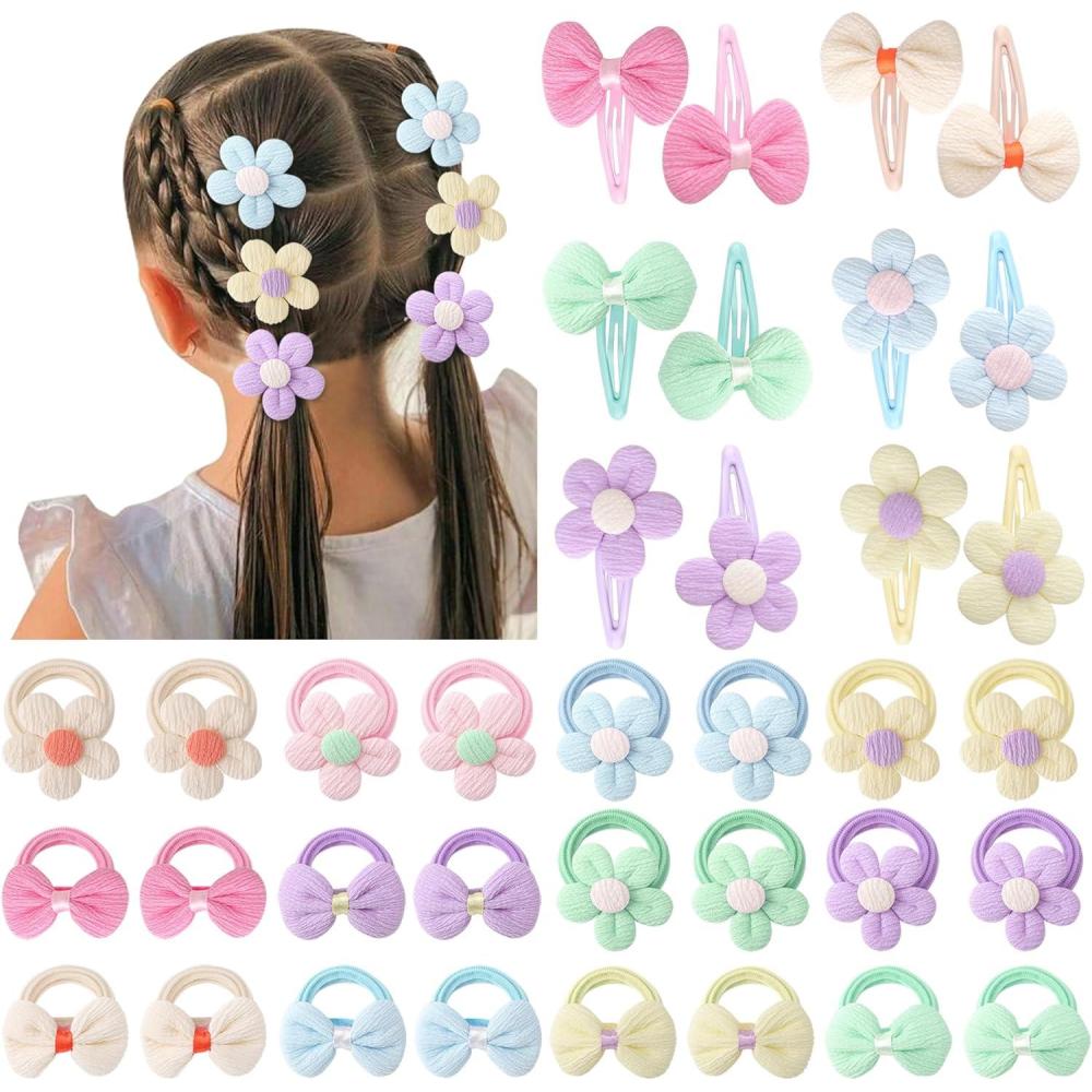 imageDRESHOW Accessoires de Cheveux pour les Filles Doux Sans Couture arcs et Fleurs Mignon Pinces Cheveux Bandeau lastique pour Queue de Cheval pour Toutpetits NourrissonsHair Clip and Hair Tie Set01
