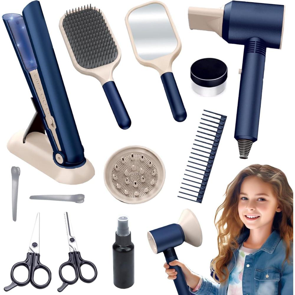 imageEnsemble de Salon de Beaut pour Filles13 Pices Jouets de Salon de Coiffure pour FillesSet Coiffure Enfant FilleJouet avec Sche CheveuxCoiffeur Accessoires de CoiffureBleu
