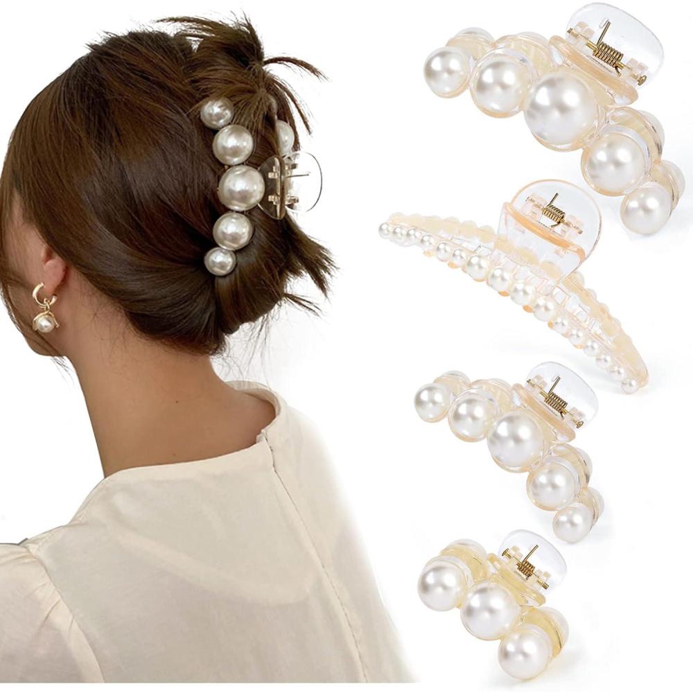 imageMehayi Lot de 4 grandes pinces cheveux avec perles pour femmes et filles pour cheveux pais et fins tendance pour fte et mariageType A